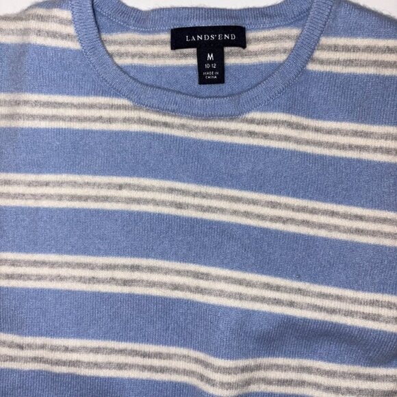 Lands' End Kids Cashmere Crew Neck Stripe Sweater Blue White Gray - M (10-12) - Picture 2 of 8